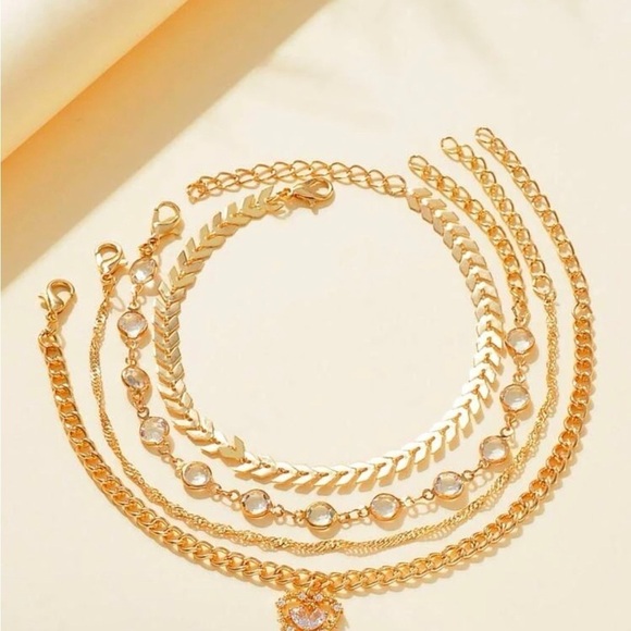 Gold 4pc Rhinestone Anklet Set - Picture 2 of 2